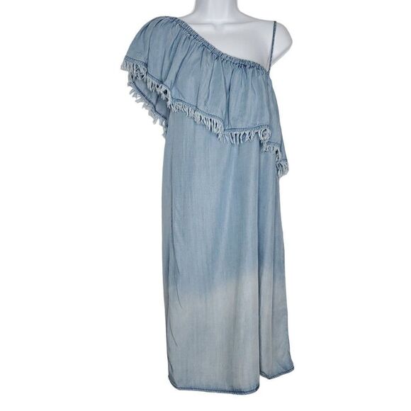 Saks Fifth Avenue Chambray One Off Shoulder Shift Dress L Blue Fringe Boho Chic - Picture 1 of 5
